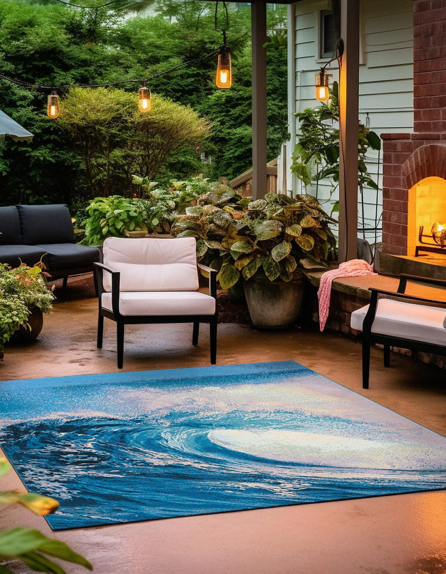 Blue 10' x 10' Outdoor Modern Square Area Rug Weather Resistant for Patio, Deck, Terrace, Balcony, Porch 100% Polypropylene Modern Outside Carpet for Sale at Rug Engine