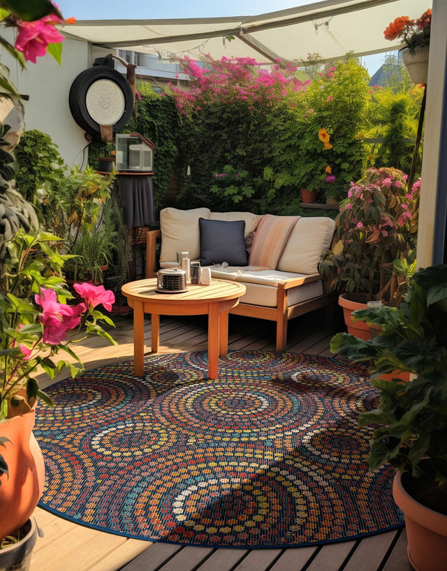 Multicolor 3' 3 x 3' 3 Baja Outdoor Round Area Rug Weather Resistant for Patio, Deck, Terrace, Balcony, Porch 100% Polypropylene Modern Outside Decor for Sale at Rug Engine