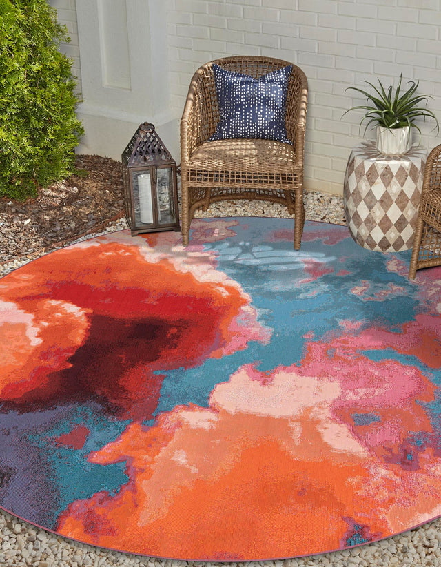Gray and Pink 3' 3 x 3' 3 Outdoor Modern Round Area Rug Weather Resistant for Patio, Deck, Terrace, Balcony, Porch 100% Polypropylene Modern Outside Carpet for Sale at Rug Engine