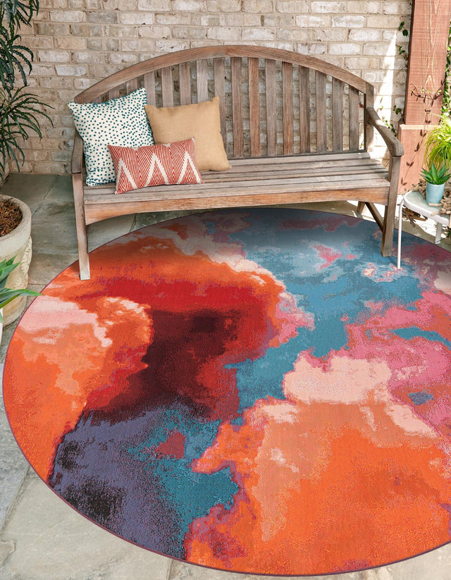 Gray and Pink 3' 3 x 3' 3 Outdoor Modern Round Area Rug Weather Resistant for Patio, Deck, Terrace, Balcony, Porch 100% Polypropylene Modern Outside Carpet for Sale at Rug Engine