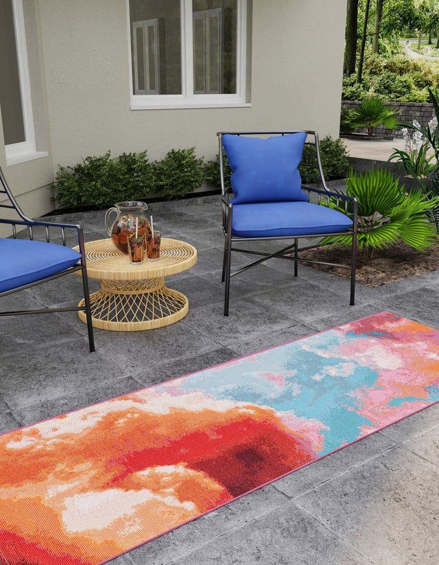 Gray and Pink 2' 7 x 10' Outdoor Modern Runner Area Rug Weather Resistant for Patio, Deck, Terrace, Balcony, Porch 100% Polypropylene Modern Outside Carpet for Sale at Rug Engine