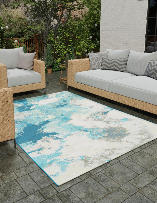 Blue and Ivory 5' 3 x 8' Outdoor Modern Rectangle Area Rug Weather Resistant for Patio, Deck, Terrace, Balcony, Porch 100% Polypropylene Modern Outside Carpet for Sale at Rug Engine