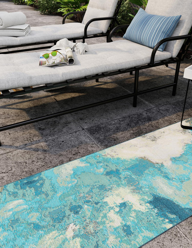 Blue and Ivory 2' 7 x 12' Outdoor Modern Runner Area Rug Weather Resistant for Patio, Deck, Terrace, Balcony, Porch 100% Polypropylene Modern Outside Carpet for Sale at Rug Engine