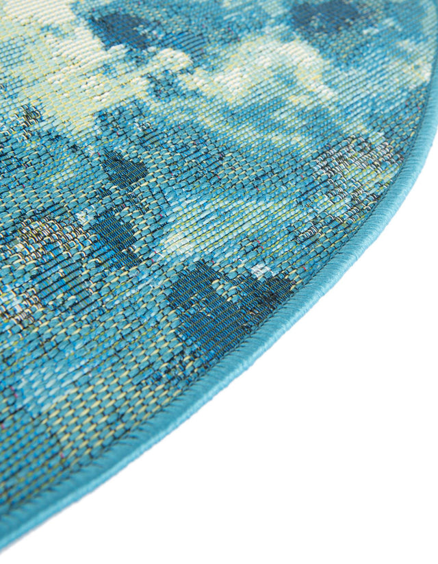 Blue and Ivory 6' 1 x 6' 1 Outdoor Modern Round Area Rug Weather Resistant for Patio, Deck, Terrace, Balcony, Porch 100% Polypropylene Modern Outside Carpet for Sale at Rug Engine