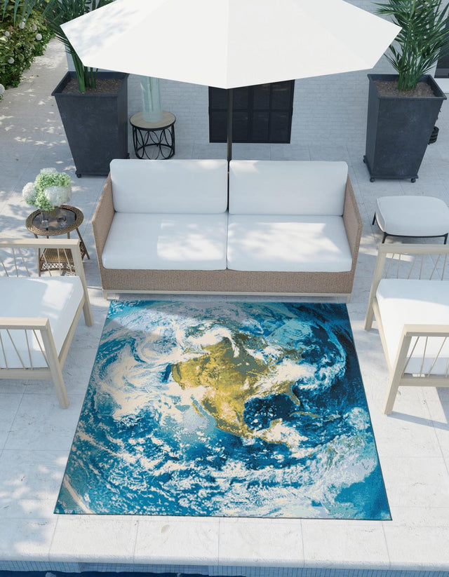 Blue 10' x 10' Outdoor Modern Square Area Rug Weather Resistant for Patio, Deck, Terrace, Balcony, Porch 100% Polypropylene Modern Outside Carpet for Sale at Rug Engine