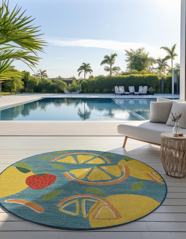 Blue 10' x 10' Baja Outdoor Round Area Rug Weather Resistant for Patio, Deck, Terrace, Balcony, Porch 100% Polypropylene Modern Outside Decor for Sale at Rug Engine