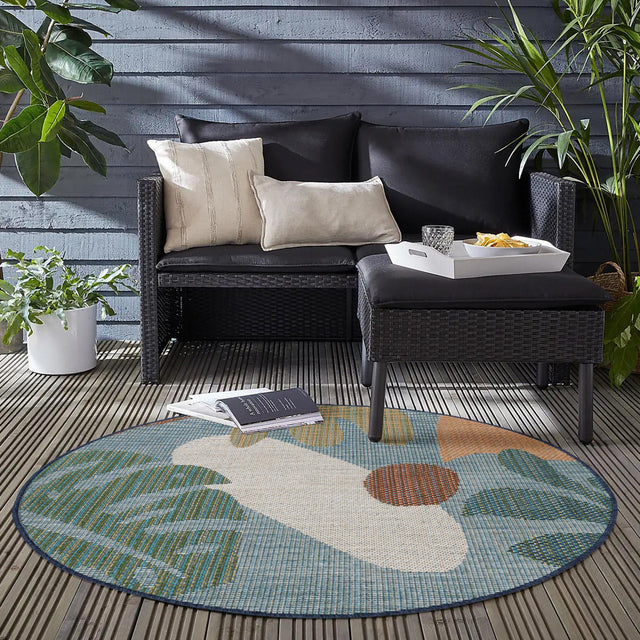 Blue 7' 10 x 7' 10 Baja Outdoor Round Area Rug Weather Resistant for Patio, Deck, Terrace, Balcony, Porch 100% Polypropylene Modern Outside Decor for Sale at Rug Engine