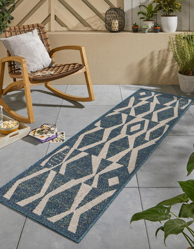 Blue 2' x 6' 1 Baja Outdoor Runner Area Rug Weather Resistant for Patio, Deck, Terrace, Balcony, Porch 100% Polypropylene Modern Outside Decor for Sale at Rug Engine