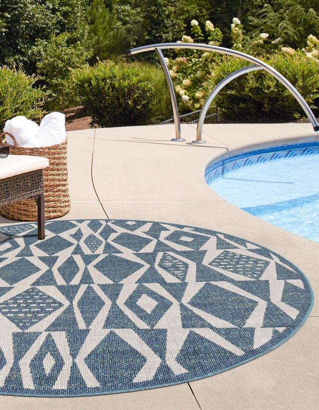 Blue 10' x 10' Baja Outdoor Round Area Rug Weather Resistant for Patio, Deck, Terrace, Balcony, Porch 100% Polypropylene Modern Outside Decor for Sale at Rug Engine