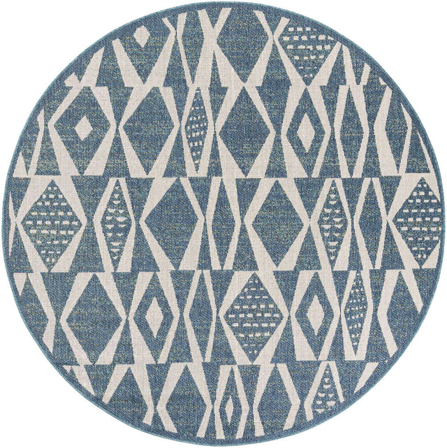 Blue 7' 10 x 7' 10 Baja Outdoor Round Area Rug Weather Resistant for Patio, Deck, Terrace, Balcony, Porch 100% Polypropylene Modern Outside Decor for Sale at Rug Engine