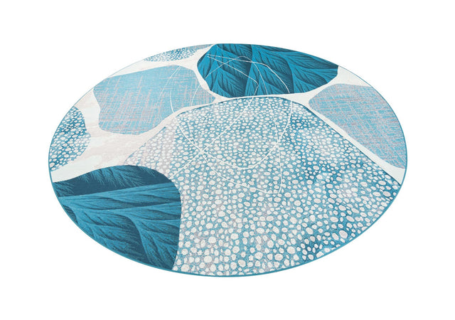 Blue and Ivory 10' x 10' Outdoor Modern Round Area Rug Weather Resistant for Patio, Deck, Terrace, Balcony, Porch 100% Polypropylene Modern Outside Carpet for Sale at Rug Engine