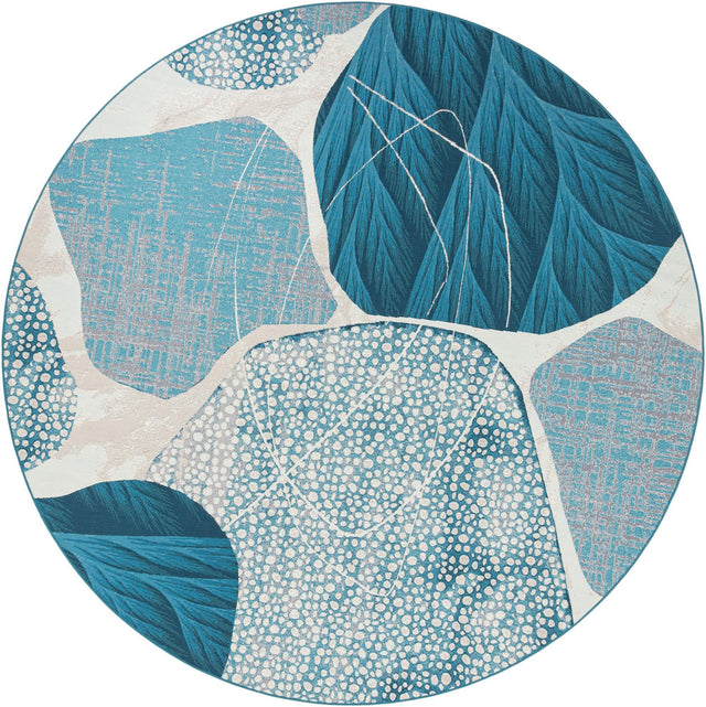 Blue and Ivory 10' x 10' Outdoor Modern Round Area Rug Weather Resistant for Patio, Deck, Terrace, Balcony, Porch 100% Polypropylene Modern Outside Carpet for Sale at Rug Engine