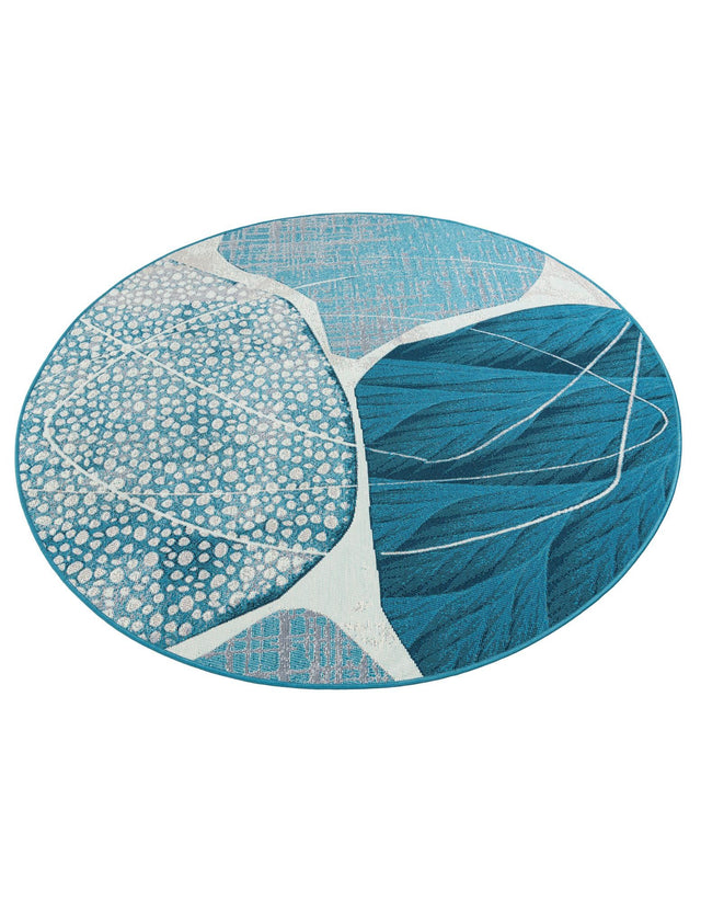 Blue and Ivory 5' 3 x 5' 3 Outdoor Modern Round Area Rug Weather Resistant for Patio, Deck, Terrace, Balcony, Porch 100% Polypropylene Modern Outside Carpet for Sale at Rug Engine