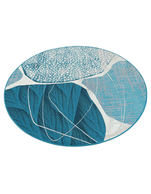 Blue and Ivory 5' 3 x 5' 3 Outdoor Modern Round Area Rug Weather Resistant for Patio, Deck, Terrace, Balcony, Porch 100% Polypropylene Modern Outside Carpet for Sale at Rug Engine