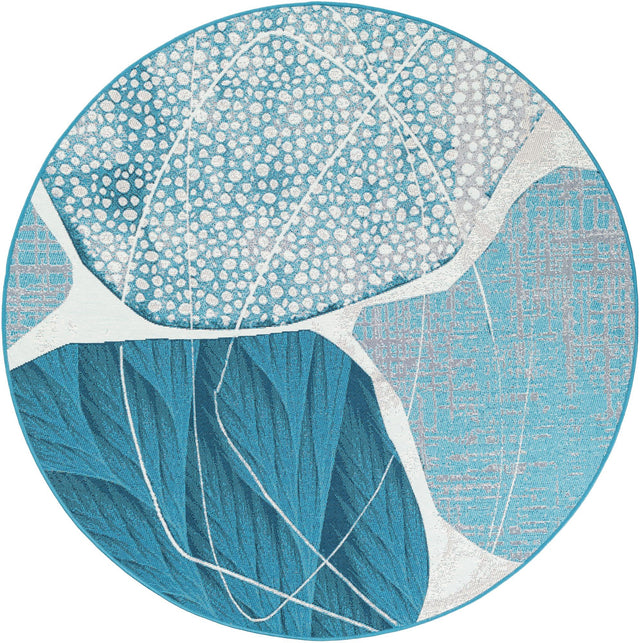 Blue and Ivory 5' 3 x 5' 3 Outdoor Modern Round Area Rug Weather Resistant for Patio, Deck, Terrace, Balcony, Porch 100% Polypropylene Modern Outside Carpet for Sale at Rug Engine