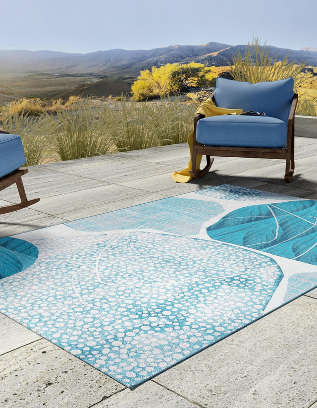 Blue and Ivory 6' 1 x 9' Outdoor Modern Rectangle Area Rug Weather Resistant for Patio, Deck, Terrace, Balcony, Porch 100% Polypropylene Modern Outside Carpet for Sale at Rug Engine