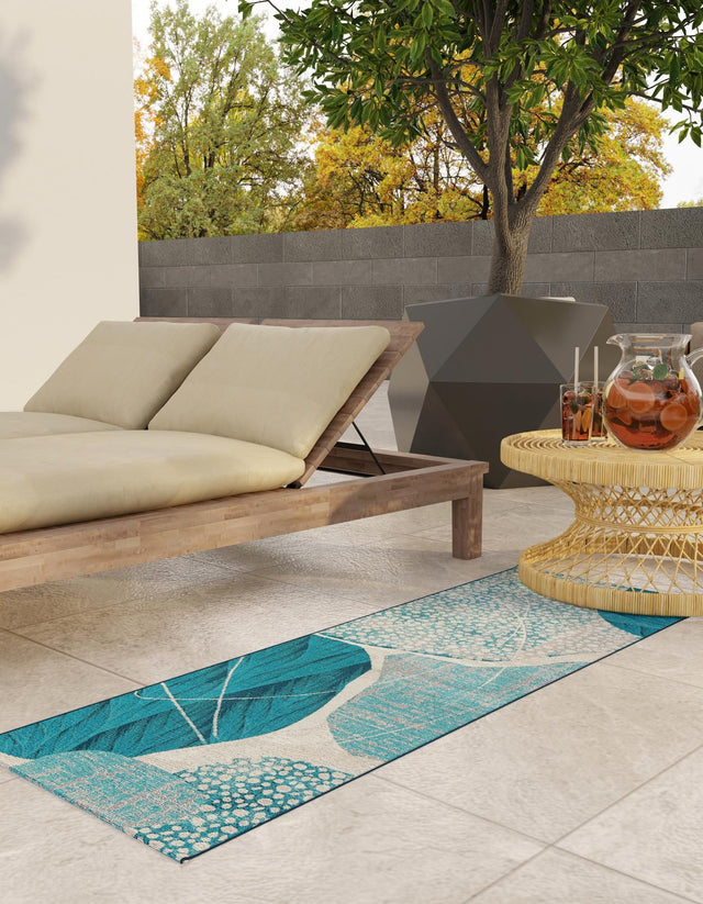 Blue and Ivory 2' 7 x 12' Outdoor Modern Runner Area Rug Weather Resistant for Patio, Deck, Terrace, Balcony, Porch 100% Polypropylene Modern Outside Carpet for Sale at Rug Engine