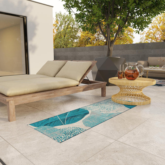 Blue and Ivory 2' x 5' 1 Outdoor Modern Runner Area Rug Weather Resistant for Patio, Deck, Terrace, Balcony, Porch 100% Polypropylene Modern Outside Carpet for Sale at Rug Engine