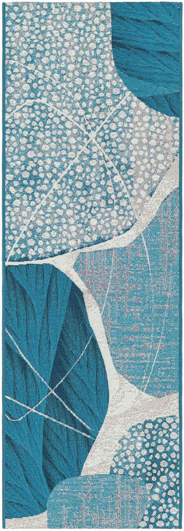 Blue and Ivory 2' x 6' 1 Outdoor Modern Runner Area Rug Weather Resistant for Patio, Deck, Terrace, Balcony, Porch 100% Polypropylene Modern Outside Carpet for Sale at Rug Engine