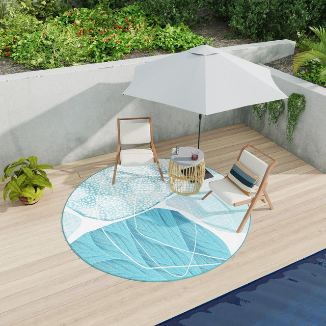 Blue and Ivory 10' x 10' Outdoor Modern Round Area Rug Weather Resistant for Patio, Deck, Terrace, Balcony, Porch 100% Polypropylene Modern Outside Carpet for Sale at Rug Engine