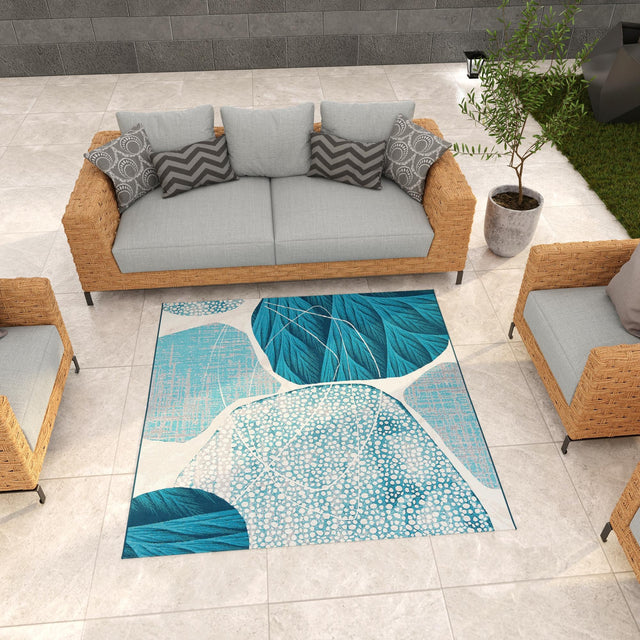 Blue and Ivory 10' x 10' Outdoor Modern Square Area Rug Weather Resistant for Patio, Deck, Terrace, Balcony, Porch 100% Polypropylene Modern Outside Carpet for Sale at Rug Engine