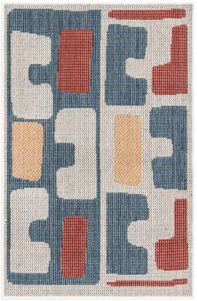 Ivory and Blue 2' x 3' 1 Baja Outdoor Rectangle Area Rug Weather Resistant for Patio, Deck, Terrace, Balcony, Porch 100% Polypropylene Modern Outside Decor for Sale at Rug Engine