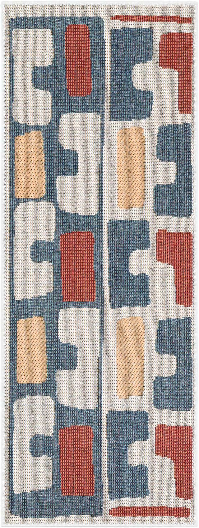 Ivory and Blue 2' x 5' 1 Baja Outdoor Runner Area Rug Weather Resistant for Patio, Deck, Terrace, Balcony, Porch 100% Polypropylene Modern Outside Decor for Sale at Rug Engine