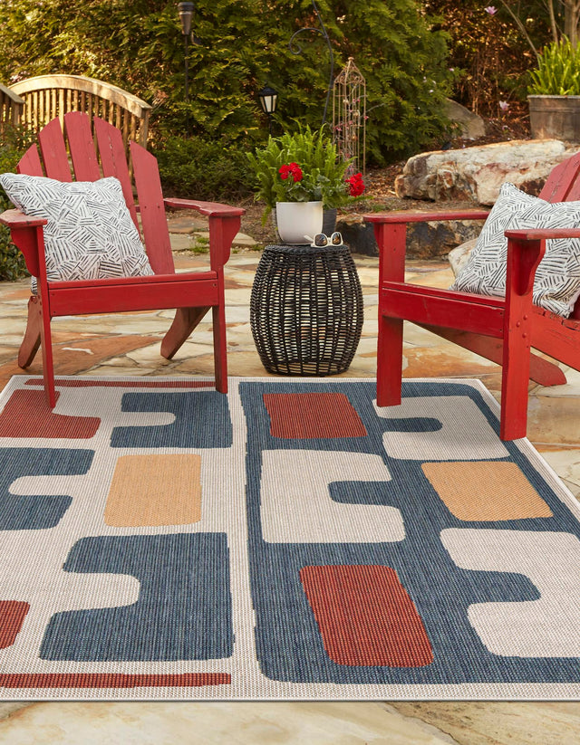 Ivory and Blue 9' x 12' Baja Outdoor Rectangle Area Rug Weather Resistant for Patio, Deck, Terrace, Balcony, Porch 100% Polypropylene Modern Outside Decor for Sale at Rug Engine