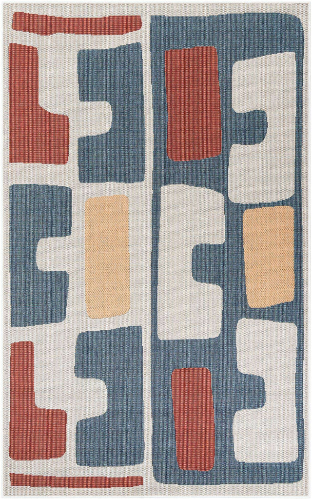 Ivory and Blue 5' 3 x 8' Baja Outdoor Rectangle Area Rug Weather Resistant for Patio, Deck, Terrace, Balcony, Porch 100% Polypropylene Modern Outside Decor for Sale at Rug Engine