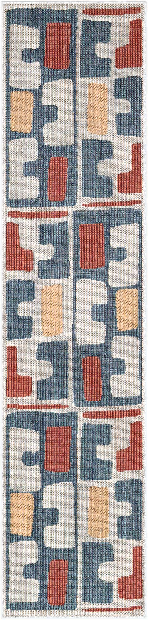 Ivory and Blue 2' x 8' Baja Outdoor Runner Area Rug Weather Resistant for Patio, Deck, Terrace, Balcony, Porch 100% Polypropylene Modern Outside Decor for Sale at Rug Engine