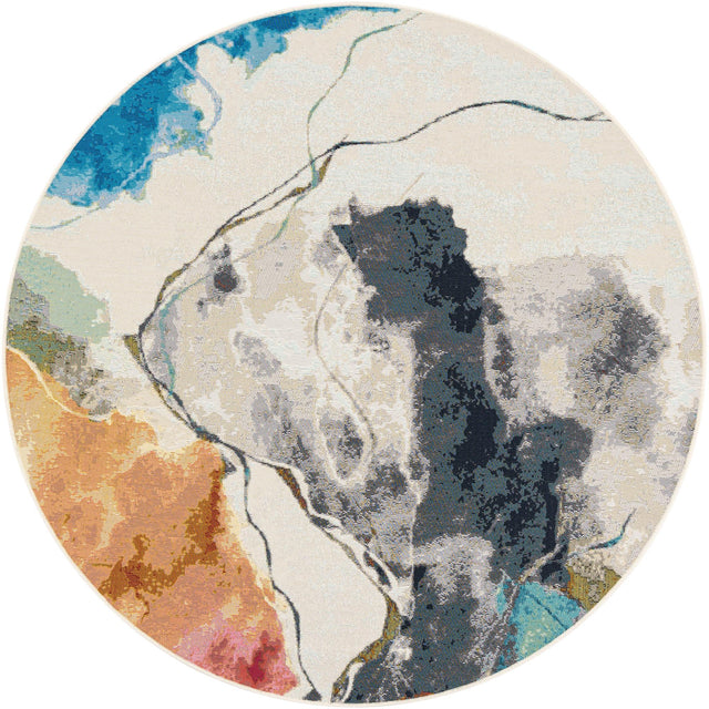 Multicolor 6' 1 x 6' 1 Outdoor Modern Round Area Rug Weather Resistant for Patio, Deck, Terrace, Balcony, Porch 100% Polypropylene Modern Outside Carpet for Sale at Rug Engine