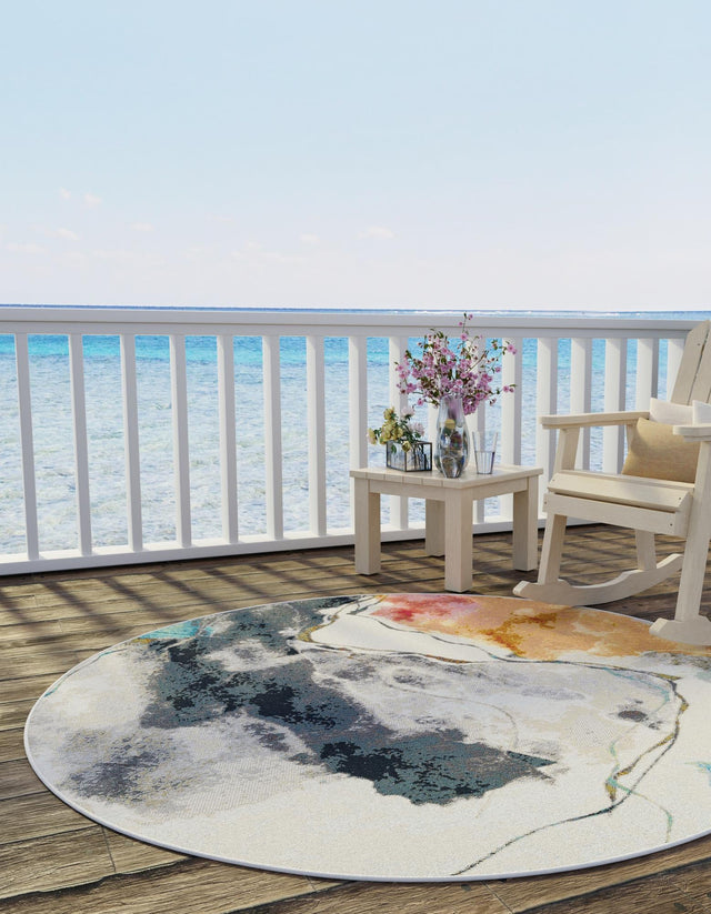 Multicolor 10' x 10' Outdoor Modern Round Area Rug Weather Resistant for Patio, Deck, Terrace, Balcony, Porch 100% Polypropylene Modern Outside Carpet for Sale at Rug Engine