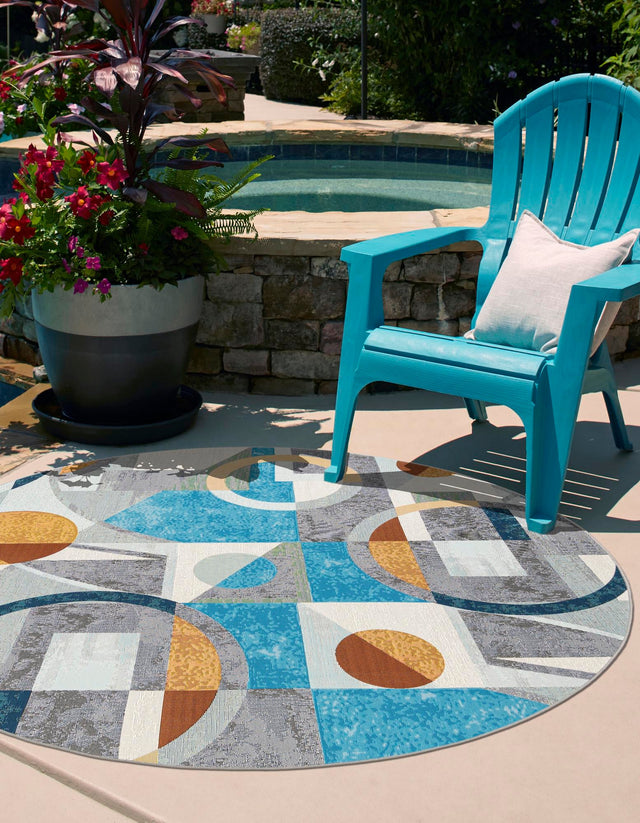 Multicolor 6' 1 x 6' 1 Outdoor Modern Round Area Rug Weather Resistant for Patio, Deck, Terrace, Balcony, Porch 100% Polypropylene Modern Outside Carpet for Sale at Rug Engine