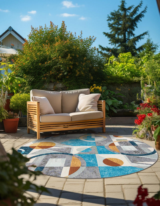 Multicolor 7' 10 x 7' 10 Outdoor Modern Round Area Rug Weather Resistant for Patio, Deck, Terrace, Balcony, Porch 100% Polypropylene Modern Outside Carpet for Sale at Rug Engine