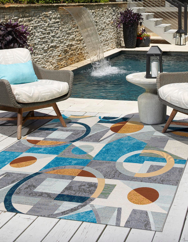 Multicolor 7' 10 x 7' 10 Outdoor Modern Square Area Rug Weather Resistant for Patio, Deck, Terrace, Balcony, Porch 100% Polypropylene Modern Outside Carpet for Sale at Rug Engine