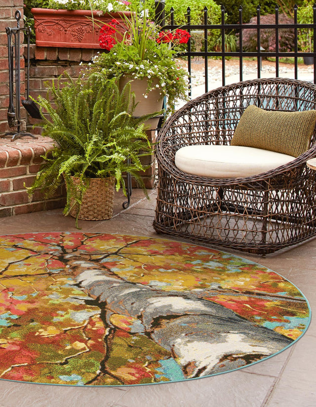 Multicolor 10' x 10' Outdoor Botanical Round Area Rug Weather Resistant for Patio, Deck, Terrace, Balcony, Porch Polypropylene Garden Floral Tropical Carpet for Sale at Rug Engine