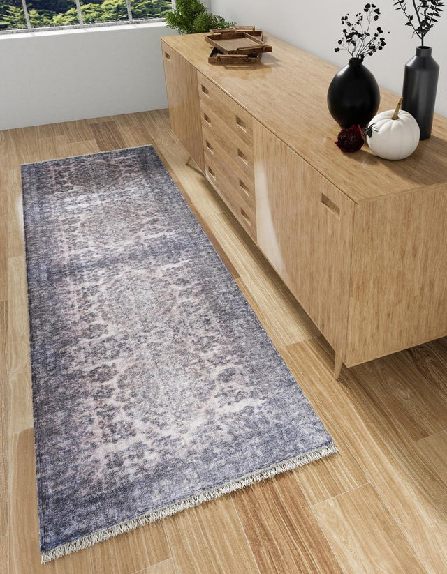Gray and Blue 2' x 5' 1 Boutique Runner Area Rug Chenille Polyester Cotton Traditional Oriental Inspired Classical Carpet for Living Rooms Dining Office Space Interior Design for Sale at Rug Engine