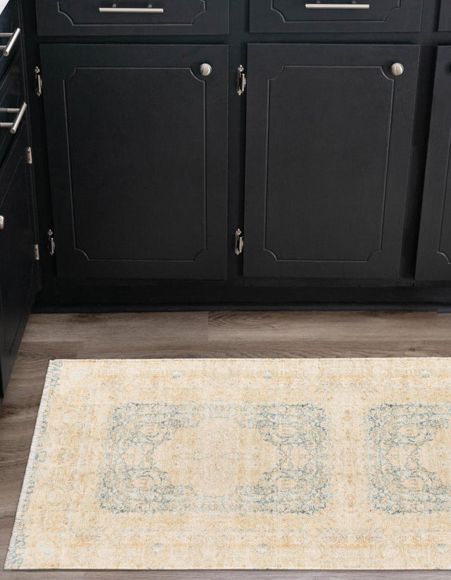 Blue and Ivory 2' x 8' Boutique Runner Area Rug Chenille Polyester Cotton Traditional Oriental Inspired Classical Carpet for Living Rooms Dining Office Space Interior Design for Sale at Rug Engine
