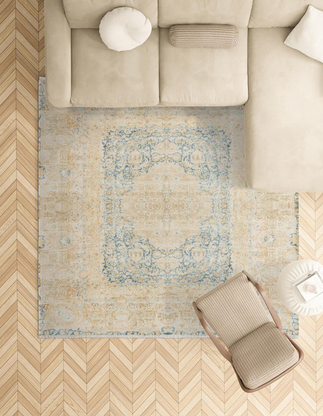 Blue and Ivory 7' 9 x 7' 9 Boutique Square Area Rug Chenille Polyester Cotton Traditional Oriental Inspired Classical Carpet for Living Rooms Dining Office Space Interior Design for Sale at Rug Engine