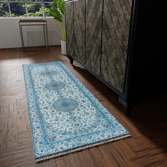 Blue 2' x 8' Boutique Runner Area Rug Chenille Polyester Cotton Traditional Oriental Inspired Classical Carpet for Living Rooms Dining Office Space Interior Design for Sale at Rug Engine