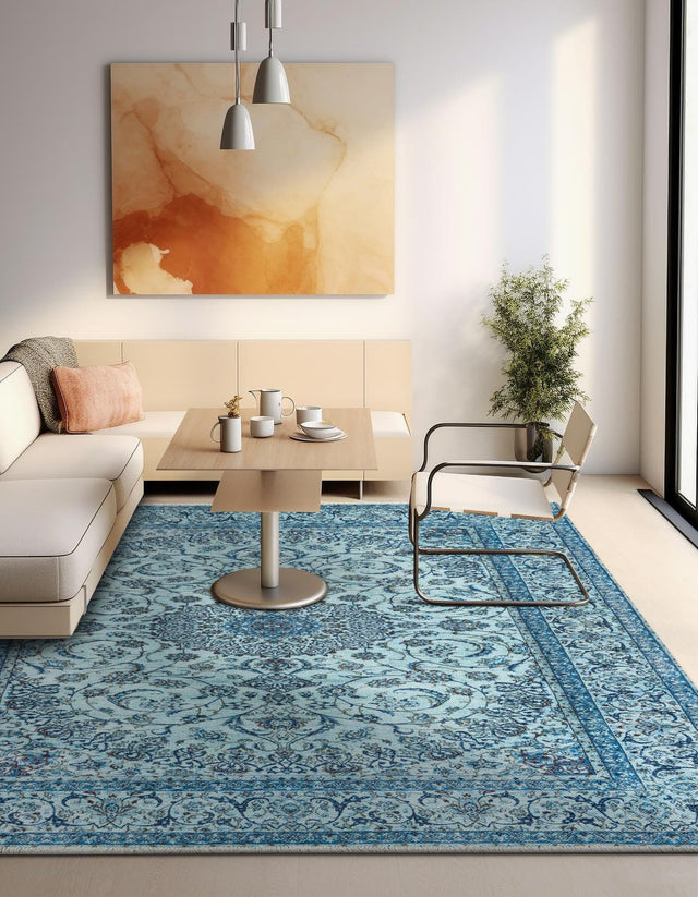 Blue 5' 1 x 5' 1 Boutique Square Area Rug Chenille Polyester Cotton Traditional Oriental Inspired Classical Carpet for Living Rooms Dining Office Space Interior Design for Sale at Rug Engine