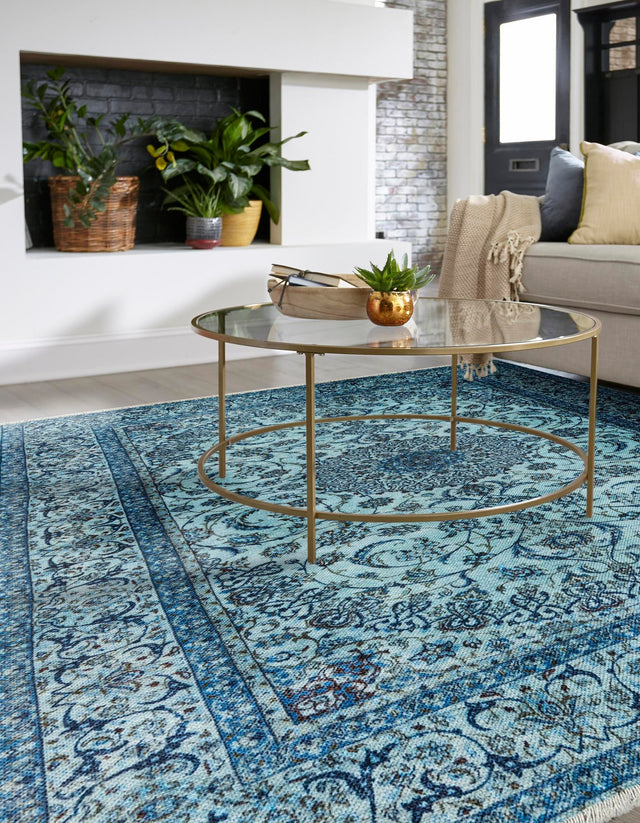 Blue 5' 1 x 5' 1 Boutique Square Area Rug Chenille Polyester Cotton Traditional Oriental Inspired Classical Carpet for Living Rooms Dining Office Space Interior Design for Sale at Rug Engine