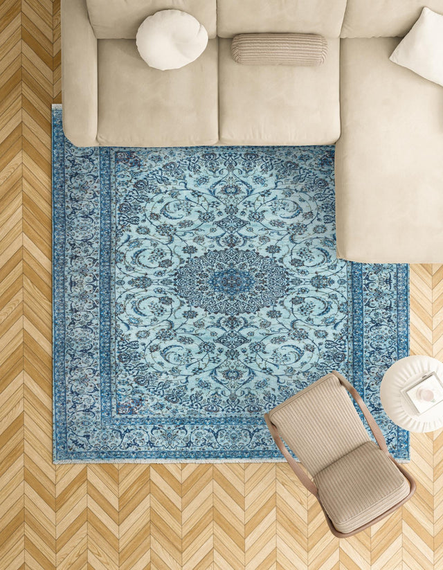 Blue 7' 9 x 7' 9 Boutique Square Area Rug Chenille Polyester Cotton Traditional Oriental Inspired Classical Carpet for Living Rooms Dining Office Space Interior Design for Sale at Rug Engine