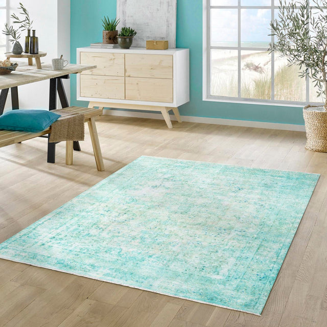 Turquoise 5' 1 x 7' 10 Boutique Rectangle Area Rug Chenille Polyester Cotton Traditional Oriental Inspired Classical Carpet for Living Rooms Dining Office Space Interior Design for Sale at Rug Engine