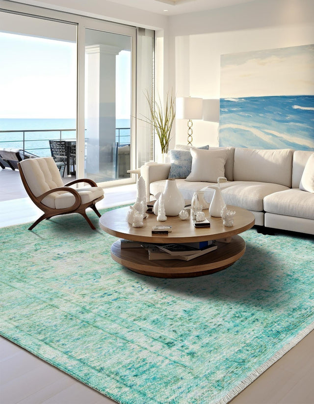 Turquoise 5' 1 x 5' 1 Boutique Square Area Rug Chenille Polyester Cotton Traditional Oriental Inspired Classical Carpet for Living Rooms Dining Office Space Interior Design for Sale at Rug Engine
