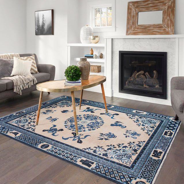 Ivory and Blue 6' 1 x 9' Boutique Rectangle Area Rug Chenille Polyester Cotton Traditional Oriental Inspired Classical Carpet for Living Rooms Dining Office Space Interior Design for Sale at Rug Engine