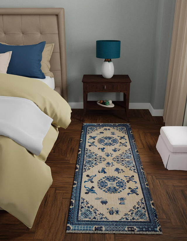 Ivory and Blue 2' x 8' Boutique Runner Area Rug Chenille Polyester Cotton Traditional Oriental Inspired Classical Carpet for Living Rooms Dining Office Space Interior Design for Sale at Rug Engine