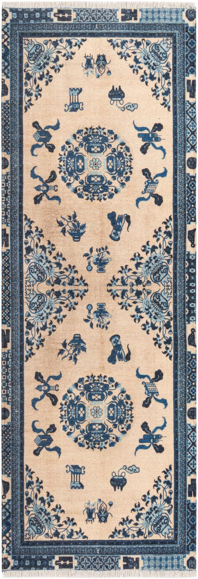 Ivory and Blue 2' x 6' 1 Boutique Runner Area Rug Chenille Polyester Cotton Traditional Oriental Inspired Classical Carpet for Living Rooms Dining Office Space Interior Design for Sale at Rug Engine