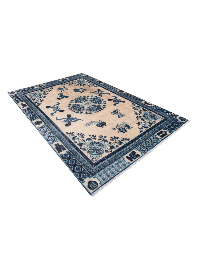 Ivory and Blue 6' 1 x 9' Boutique Rectangle Area Rug Chenille Polyester Cotton Traditional Oriental Inspired Classical Carpet for Living Rooms Dining Office Space Interior Design for Sale at Rug Engine