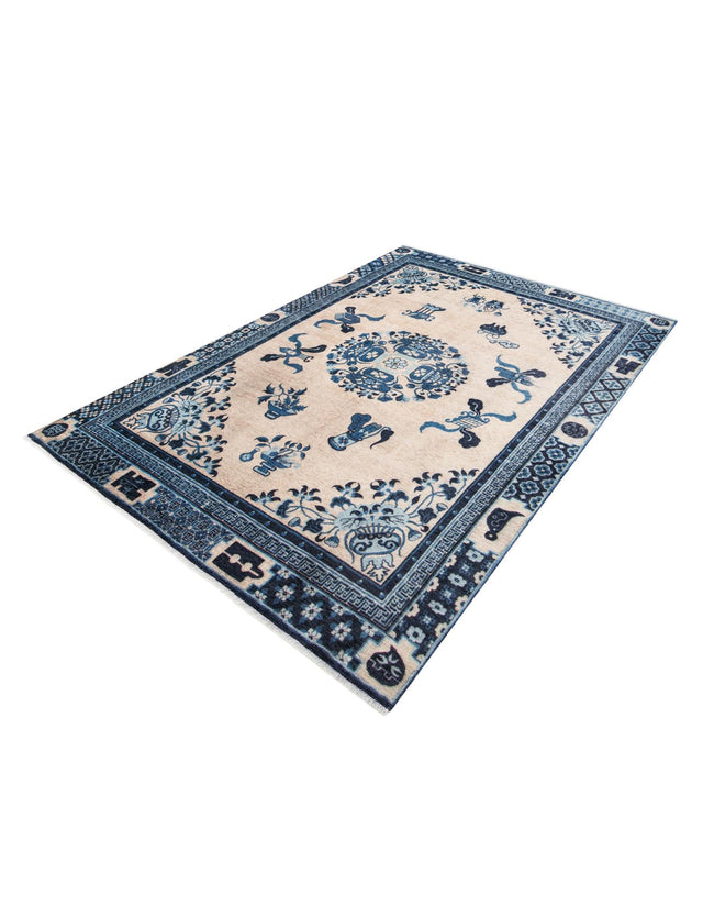 Ivory and Blue 6' 1 x 9' Boutique Rectangle Area Rug Chenille Polyester Cotton Traditional Oriental Inspired Classical Carpet for Living Rooms Dining Office Space Interior Design for Sale at Rug Engine